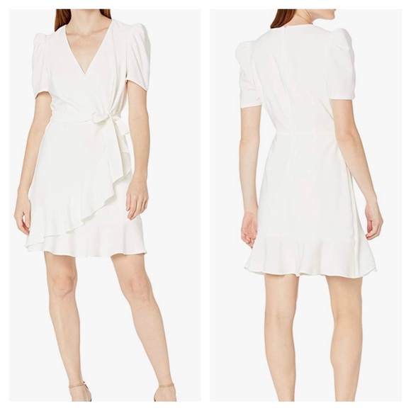 Betsey Johnson NWT Off White Puff Sleeve Faux Wrap Dress Size 12 - Picture 3 of 7